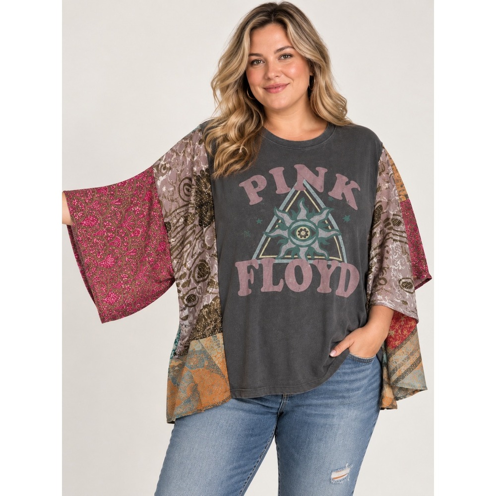 American Eagle Pink Floyd Patchwork Kimono Sleeve Graphic Band Tee Grey